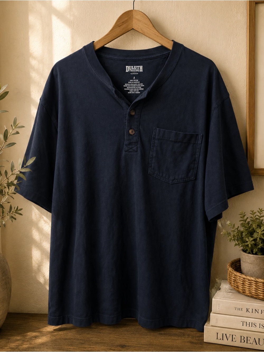 Duluth Trading Co Navy Short-Sleeve Henley with Pocket| L